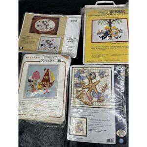 Cross Stitch Needlework Stitchery Kit Lot of 4 1 Finished 1 Started 2 New Craft